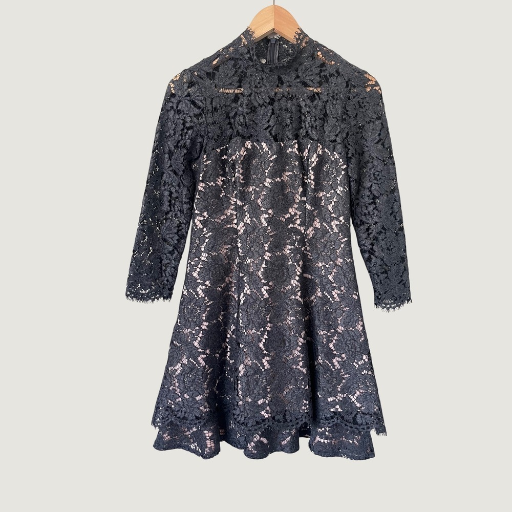 Eliza J Floral Lace Mock Neck Mini Dress Long Sleeve Grey Blush Pink A-Line